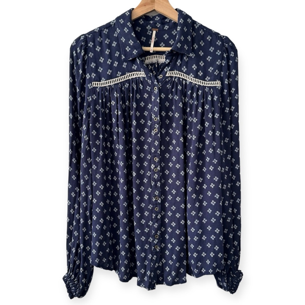 Free People Navy Blue Patterned Blouse